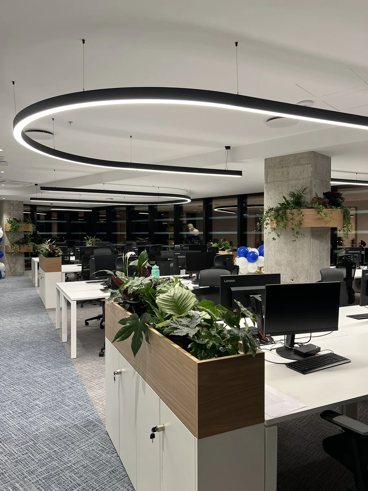O workspace aberto de noite, visto a toda a extensão: secretárias brancas aos pares atrás de floreiras baixas em madeira densamente plantadas, cadeiras pretas, monitores apagados, e dois anéis de iluminação linear suspensa contra um pilar de betão à vista.