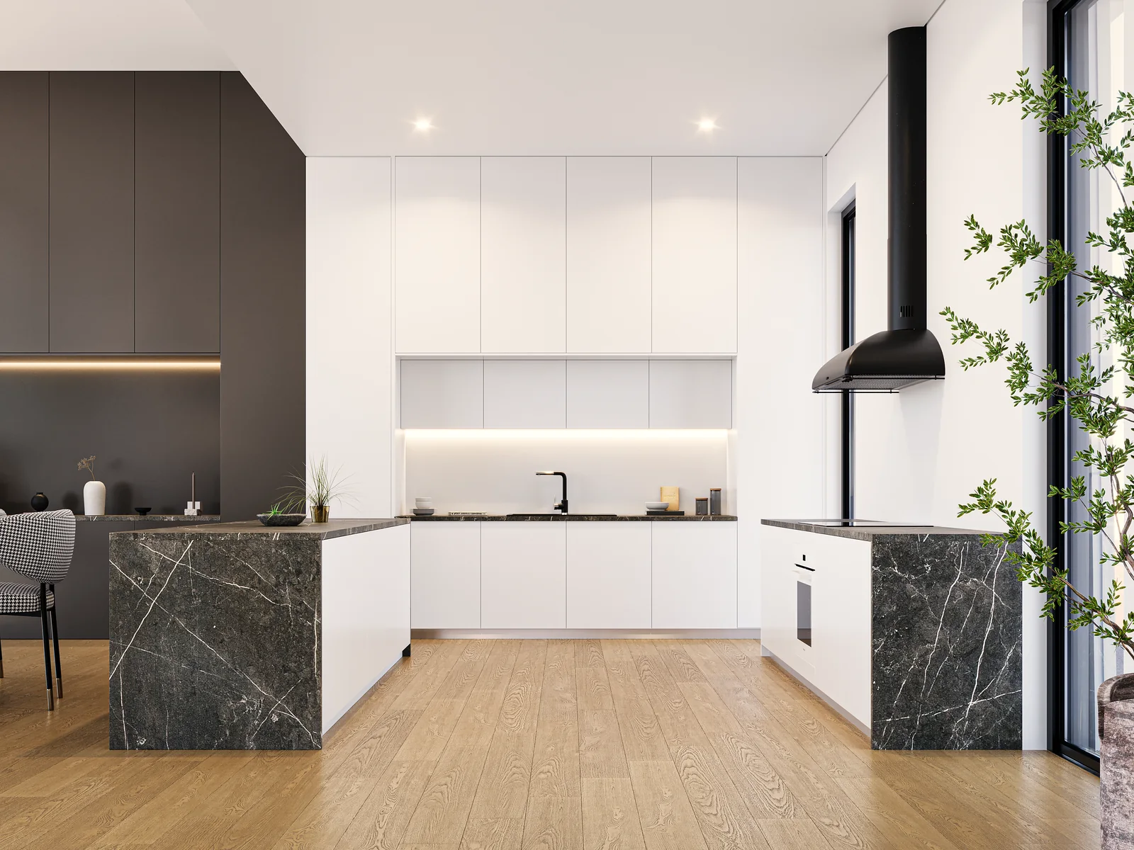 Uma cozinha com carpintaria branca, bancadas de pedra escura e um exaustor preto descido do tecto.