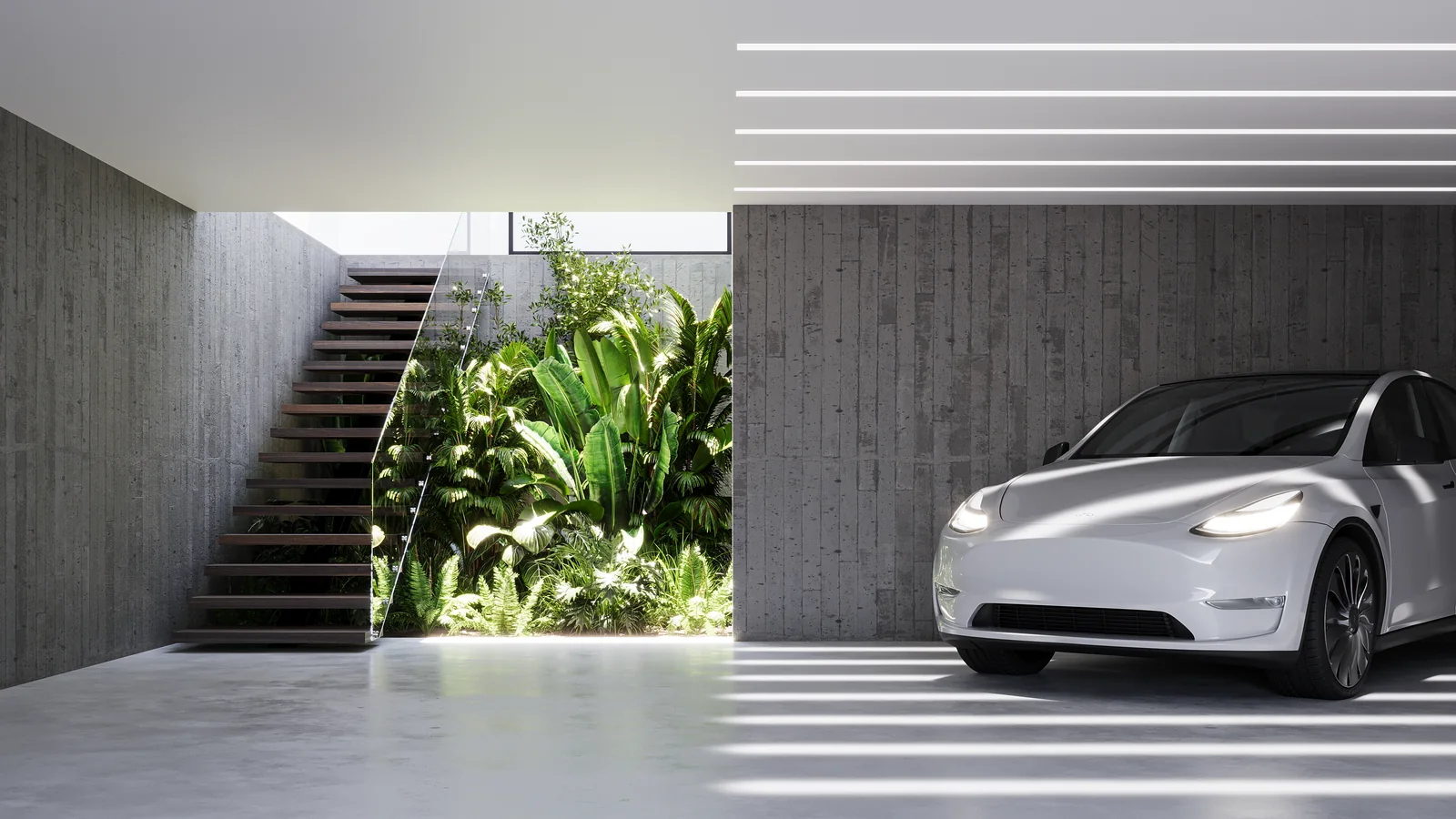 Uma garagem de betão com um carro branco, uma escada suspensa à esquerda e um poço de luz plantado entre os dois.