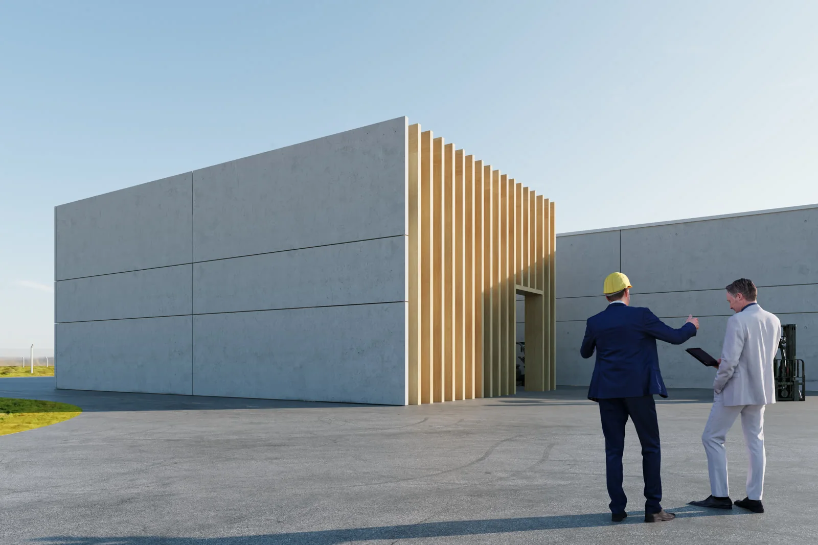 Um render da entrada: um volume branco pré-fabricado com uma fila de lâminas verticais de madeira sobre a porta, duas figuras a conversar no terreiro.