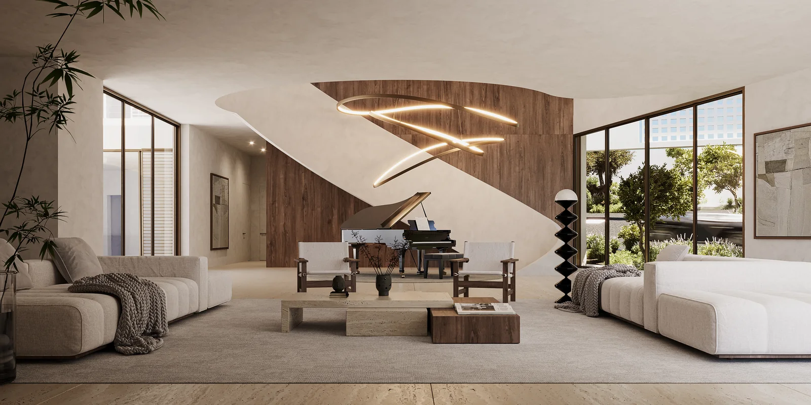 Um espaço de estar de pé-direito duplo com uma escada escultórica curva a subir por ele, um piano de cauda por baixo, sofás fundos dos dois lados e uma fita de luz a acompanhar a curva do tecto.