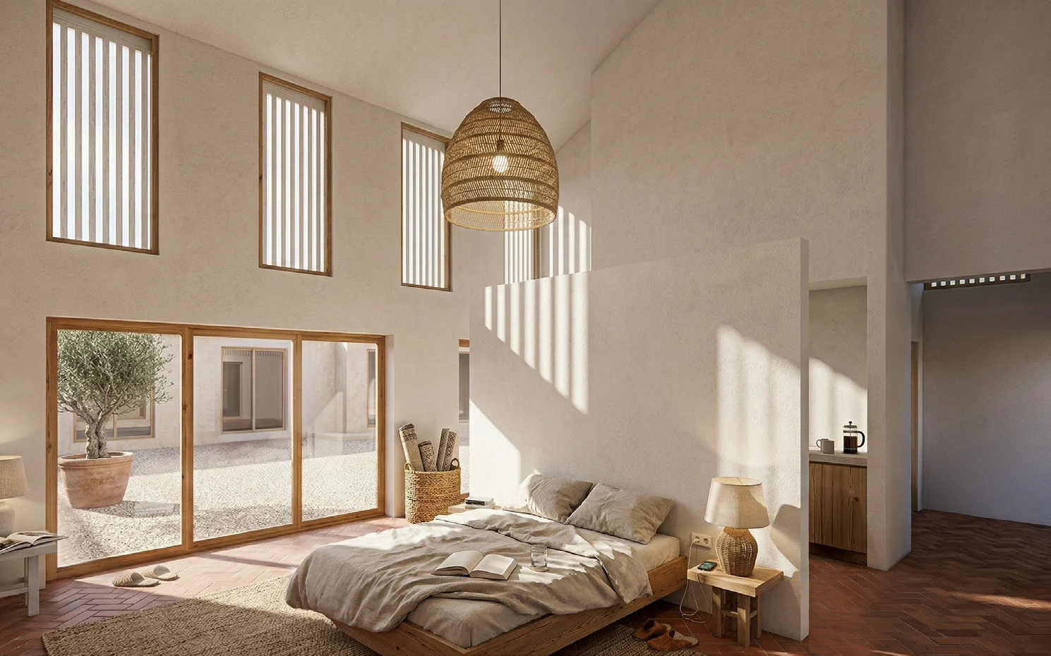 Um render do interior do estúdio: uma única sala alta com uma cama, um pano de vidro de correr sobre um pátio, uma oliveira em vaso, e janelas altas filtradas por ripado vertical de madeira.