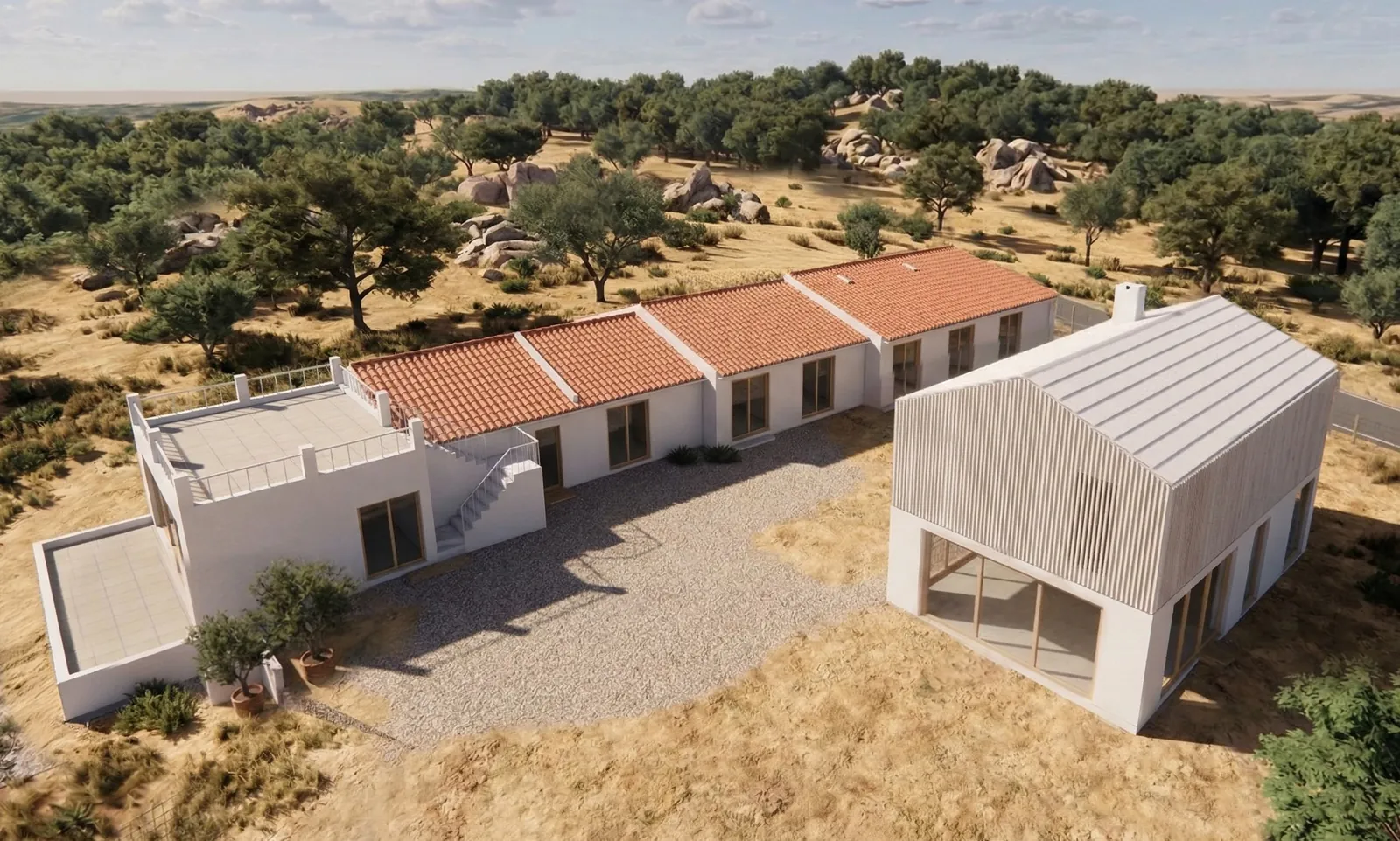 Um render aéreo da proposta no seu sítio: a fila de edifícios brancos e o volume em ripado em torno de um pátio de saibro, com sobreiros e mato aberto em volta.