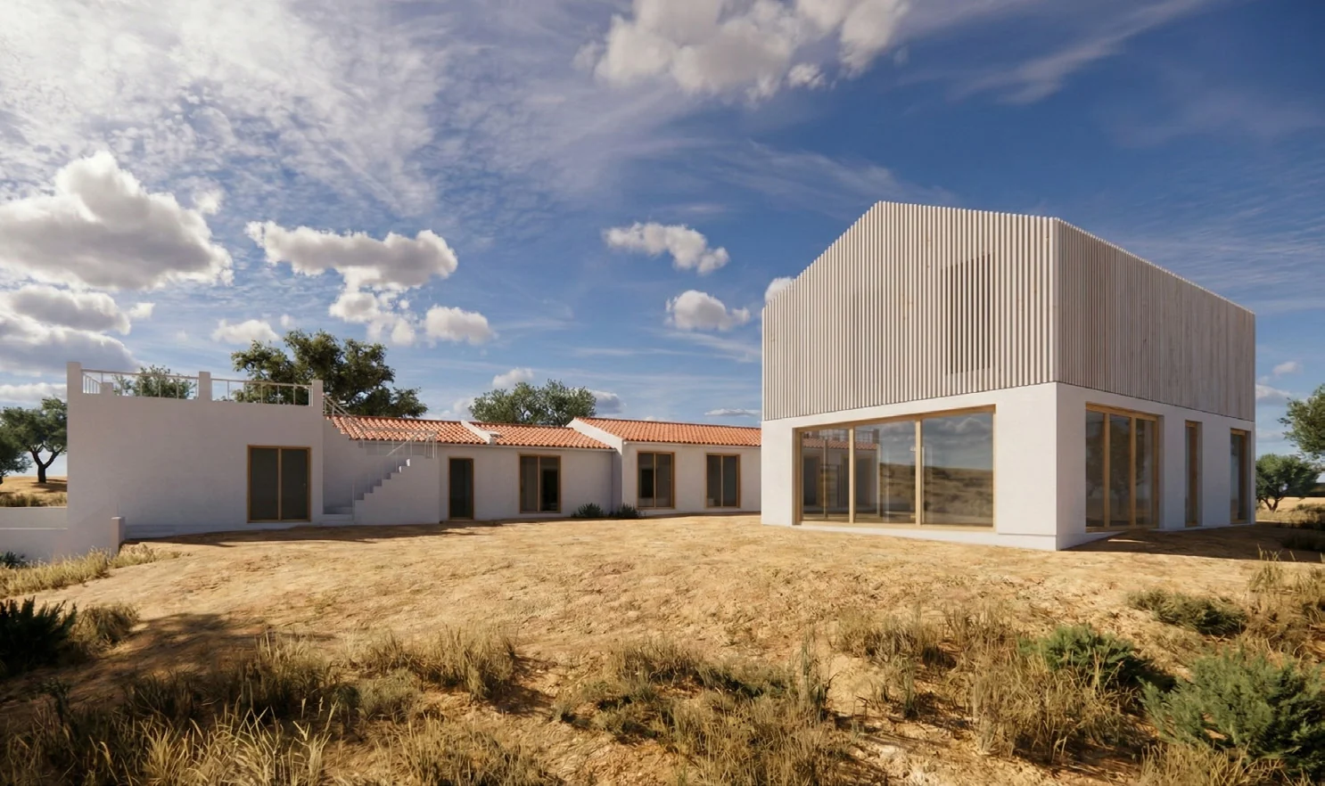 Um render da proposta: à esquerda uma fila comprida de edifícios brancos e baixos com coberturas de telha branca, e à direita um volume mais alto revestido a ripado vertical de madeira, sobre erva seca e céu azul.