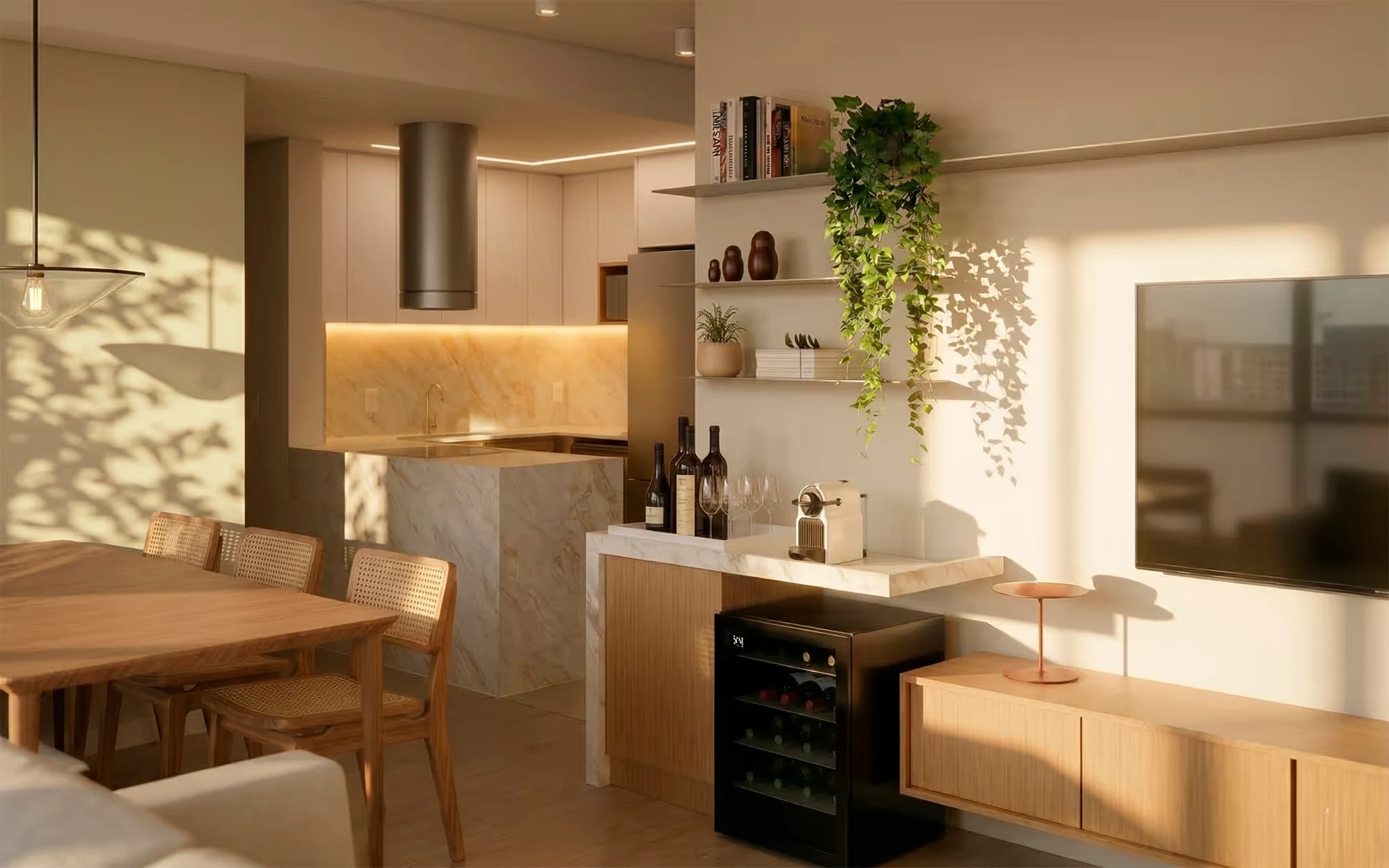 Sala e cozinha integradas com luz baixa e quente: mesa de madeira com cadeiras de palhinha, ilha clara com veios e coifa cilíndrica, e prateleiras com uma planta pendente., Apartamento Botaní, Pompéia, São Paulo