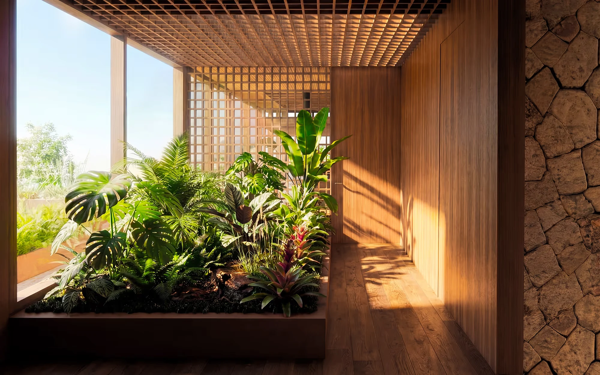 Jardim interno de plantas tropicais sob um teto em treliça, entre uma parede de ripas e uma parede de pedra., Casa da Figueira, Itatiba, São Paulo