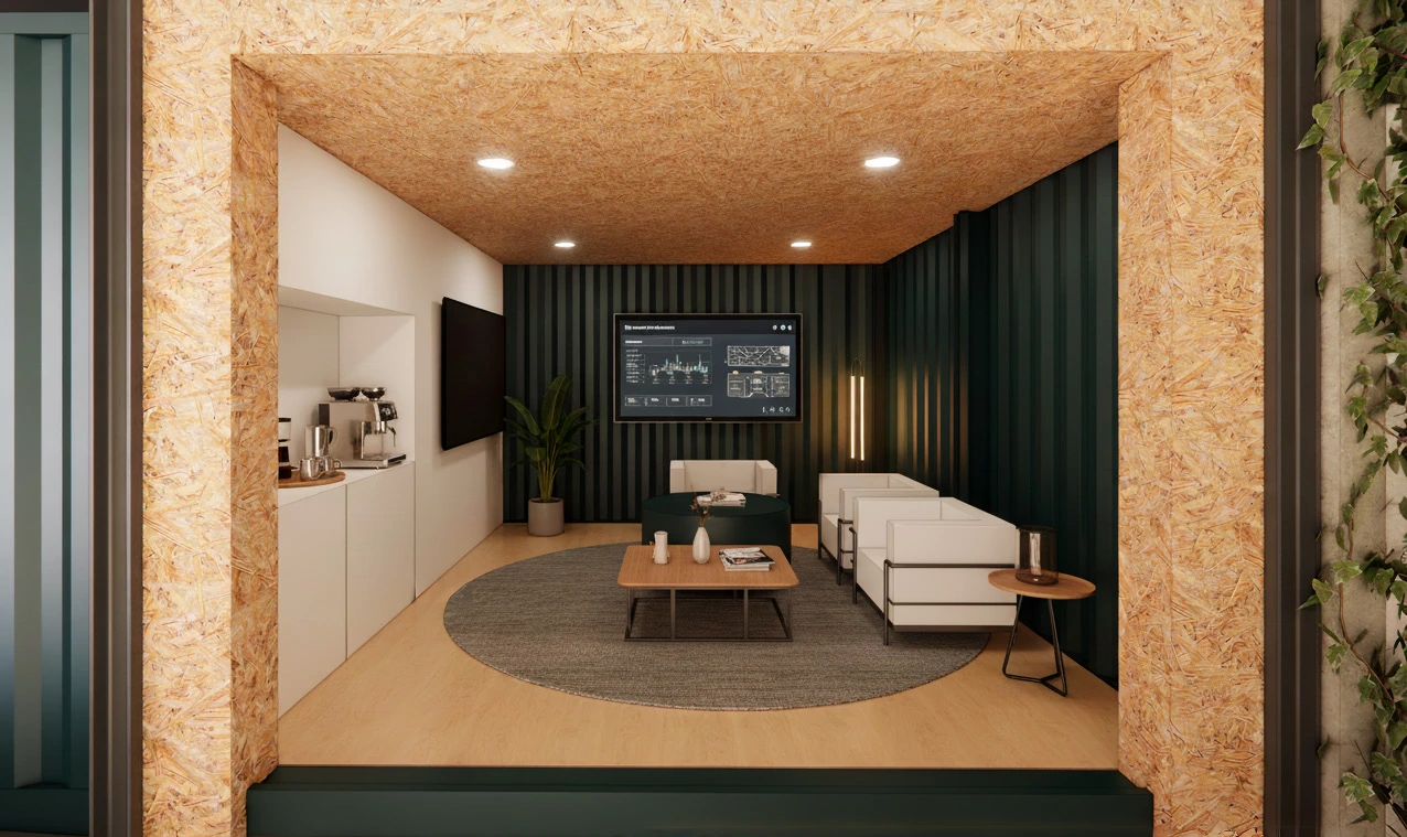 Vista para dentro de um contentor marítimo através de um portal forrado a aglomerado de partículas longas: lá dentro, uma sala de reuniões com ecrã de parede, sofás em torno de uma mesa baixa e uma copa, contra chapa ondulada verde-escura.