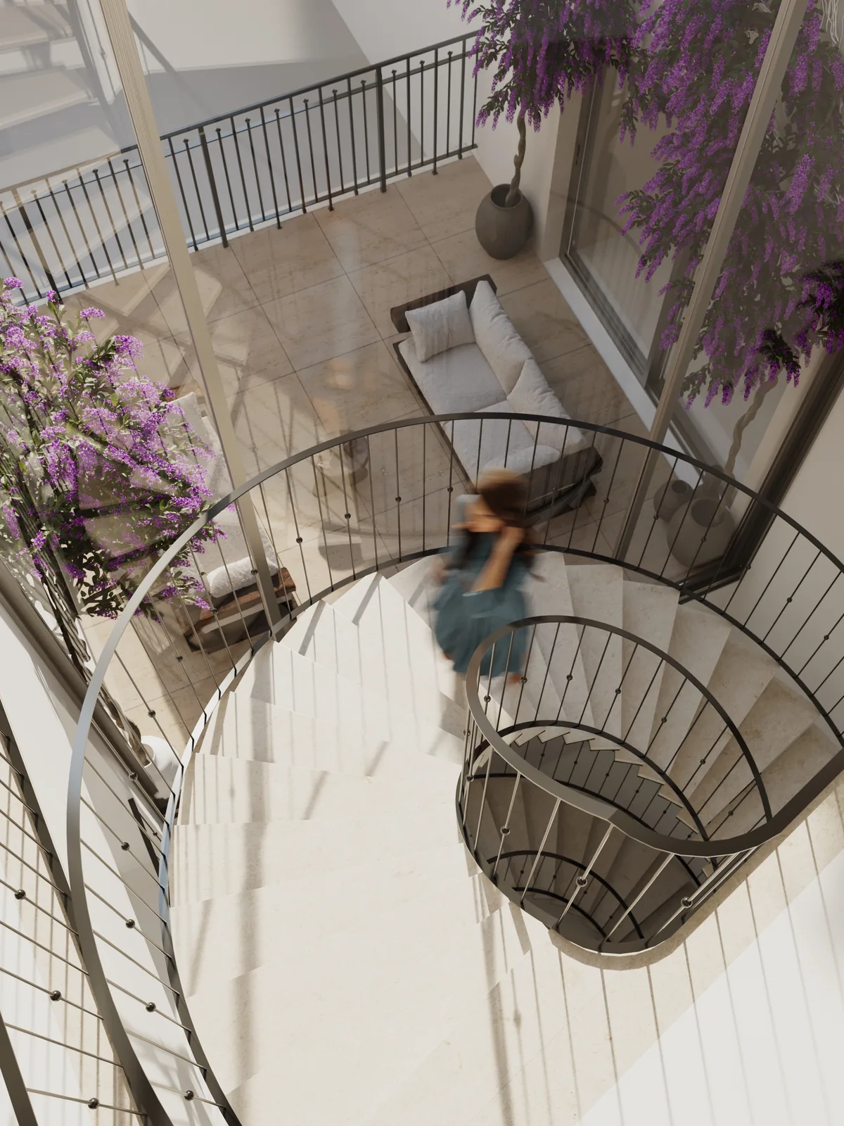Vista a pique pela caixa da escada em caracol desde o piso de cima, com a guarda branca a enrolar duas voltas em torno de uma figura que desce, e buganvília contra a parede ao lado.